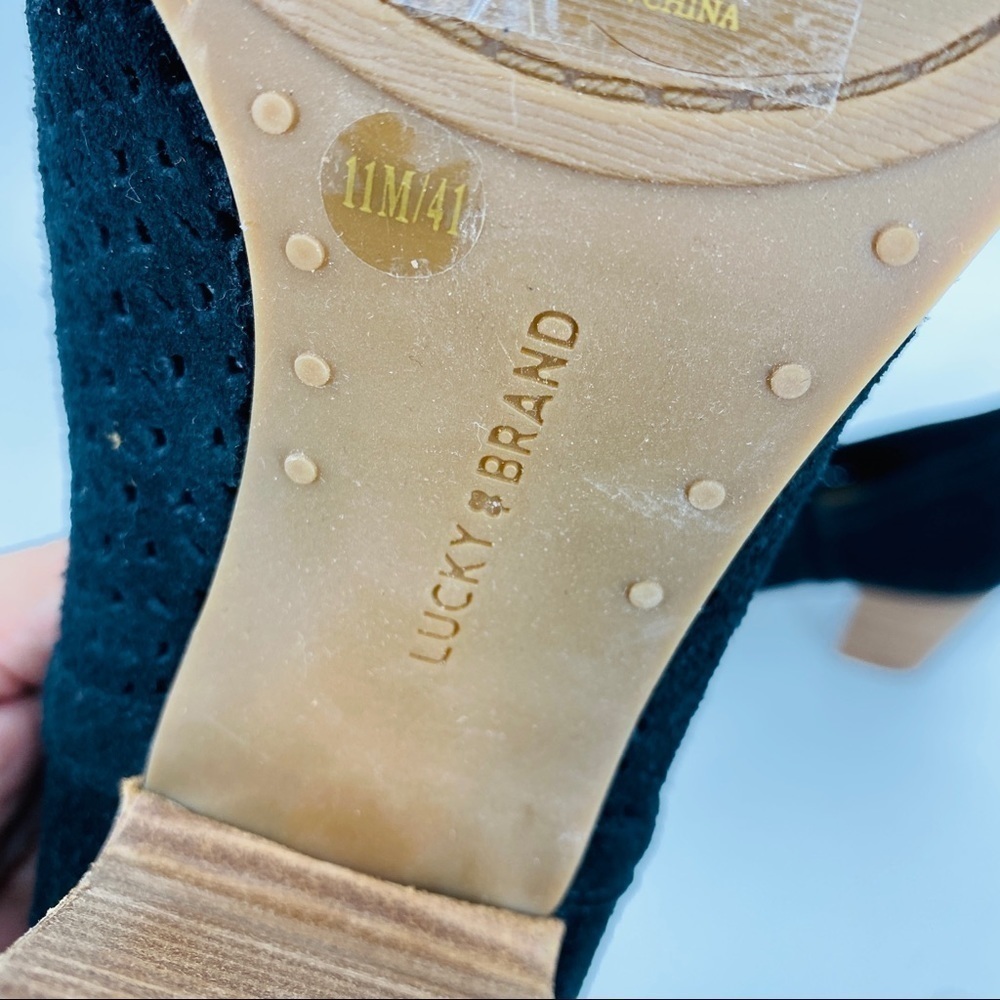 Lucky Brand Livey Black Peep Toe Suede Bootie 3.5” Stacked Block Heel Size 11M - Picture 7 of 15